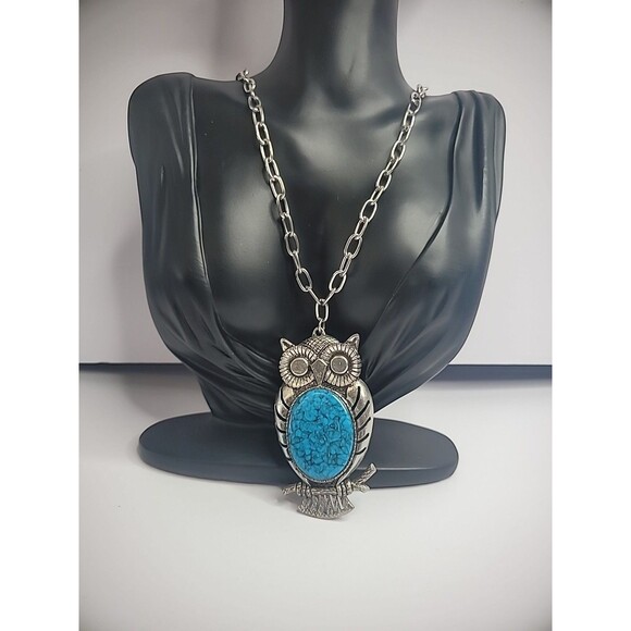 Vintage Silver Tone Owl Pendant Chain Necklace Blue Stone Jewelry Costume - Picture 7 of 12